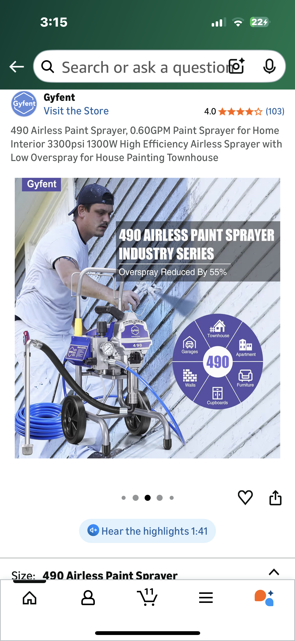 490 Airless Paint Sprayer, 0.60GPM Paint Sprayer for Home Interior 3300psi 1300W High Efficiency Airless Sprayer with Low Overspray for House Painting Townhouse (G907)
