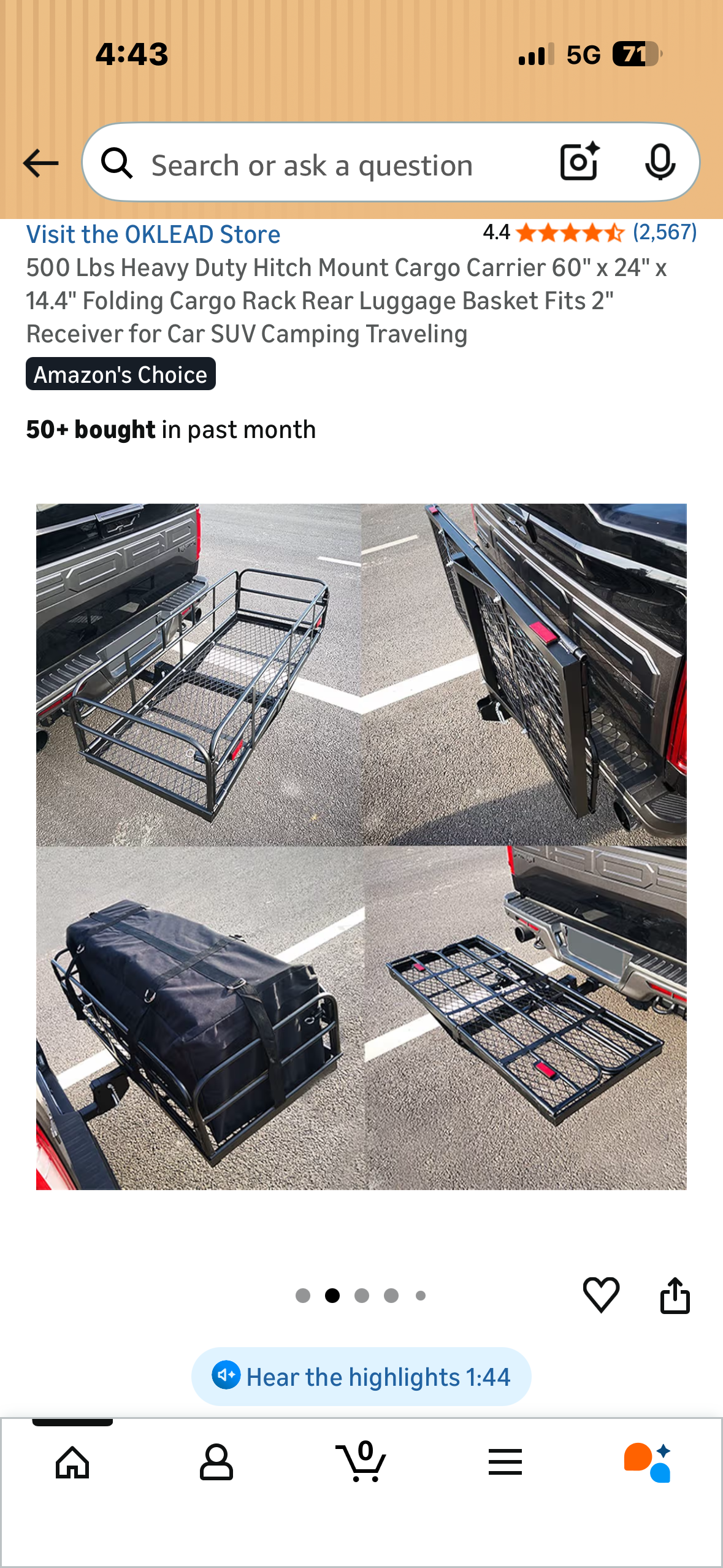 500 Lbs Heavy Duty Hitch Mount Cargo Carrier,  60"×24"x14.4"  Folding Cargo Rack, Rear Luggage Basket, Fits 2"
Receiver for Car, SUV, Camping, Traveling (G1023)