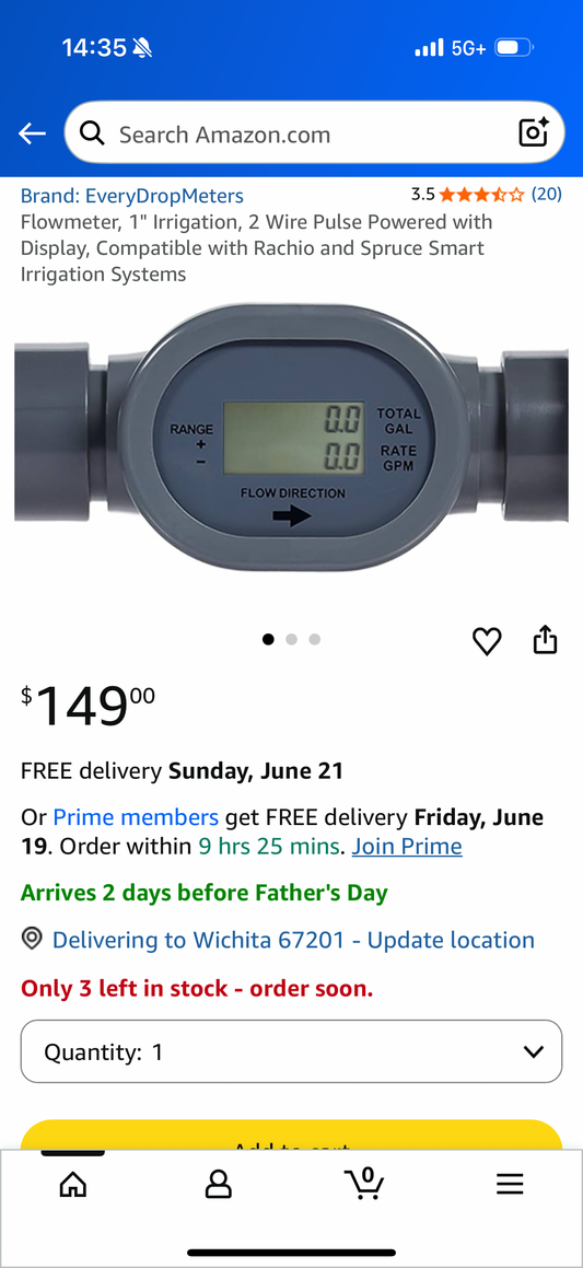 Flowmeter, 1" Irrigation, 2 Wire Pulse Powered with Display, Compatible with Rachio and Spruce Smart Irrigation Systems