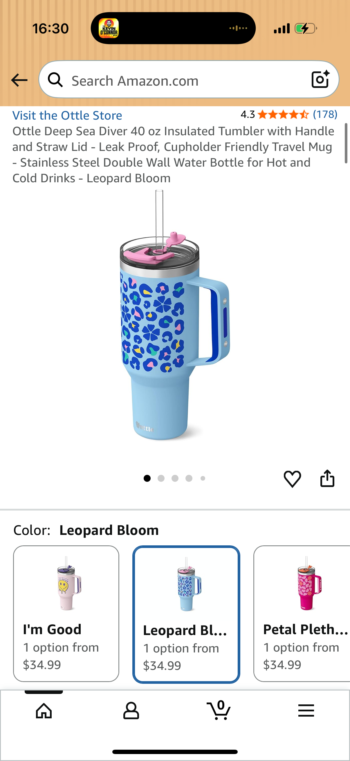 Ottle Deep Sea Diver 40 oz Insulated Tumbler with Handle and Straw Lid - Leak Proof, Cupholder Friendly Travel Mug - Stainless Steel Double Wall Water Bottle for Hot and Cold Drinks - Leopard Bloom