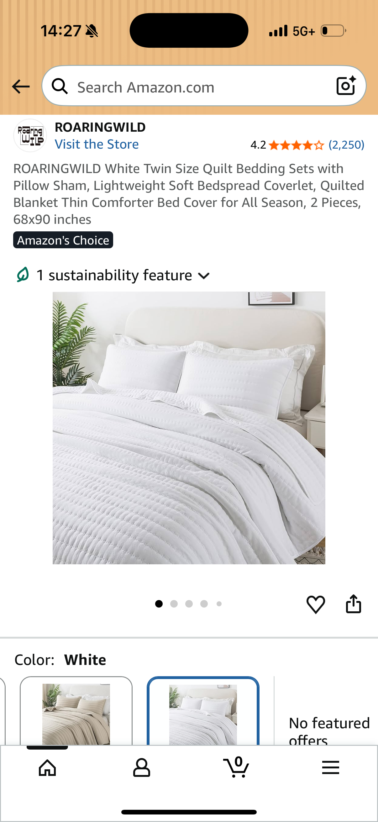 ROARINGWILD White Twin Size Quilt Bedding Sets with Pillow Sham, Lightweight Soft Bedspread Coverlet, Quilted Blanket Thin Comforter Bed Cover for All Season, 2 Pieces, 68x90 inches