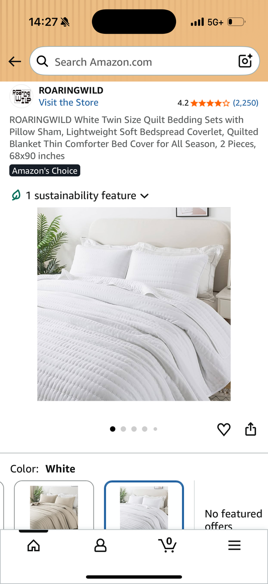 ROARINGWILD White Twin Size Quilt Bedding Sets with Pillow Sham, Lightweight Soft Bedspread Coverlet, Quilted Blanket Thin Comforter Bed Cover for All Season, 2 Pieces, 68x90 inches