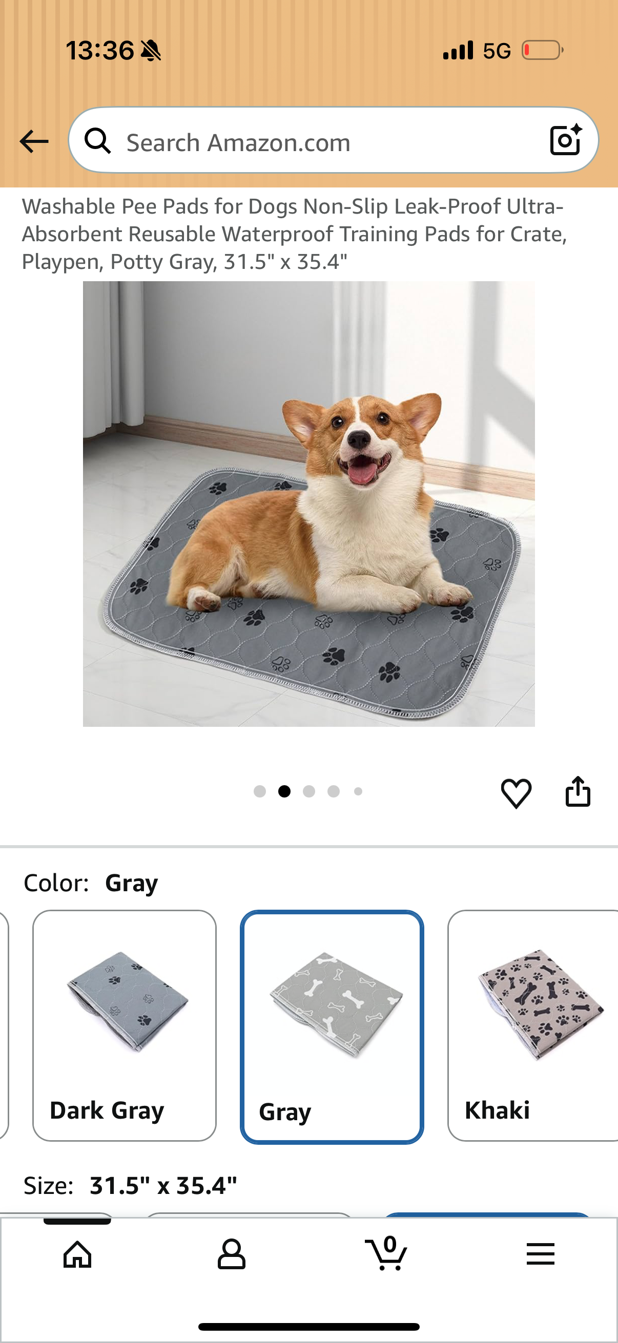 Washable Pee Pads for Dogs Non-Slip Leak-Proof Ultra-Absorbent Reusable Waterproof Training Pads for Crate, Playpen, Potty Gray, 31" x 35"