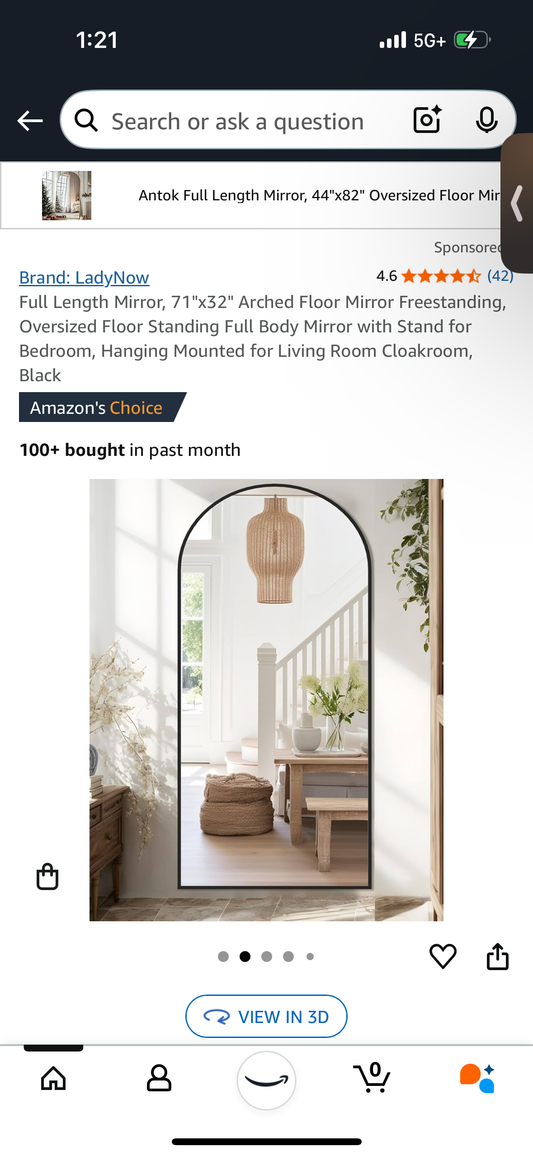 New- Full Length Miror Black Arched 71" x 32"  (M315)