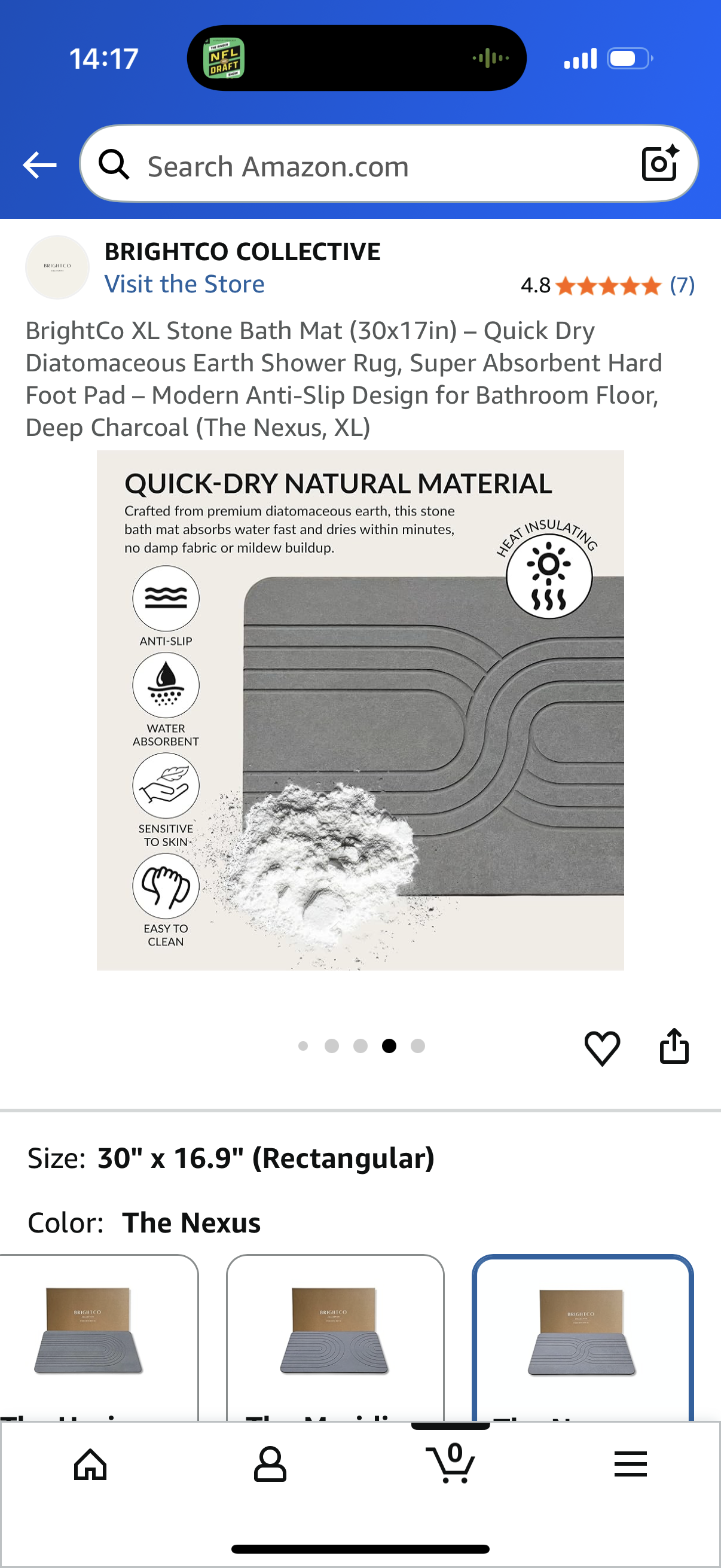 BrightCo XL Stone Bath Mat (30x17in) – Quick Dry Diatomaceous Earth Shower Rug, Super Absorbent Hard Foot Pad – Modern Anti-Slip Design for Bathroom Floor, Deep Charcoal (The Nexus, XL)