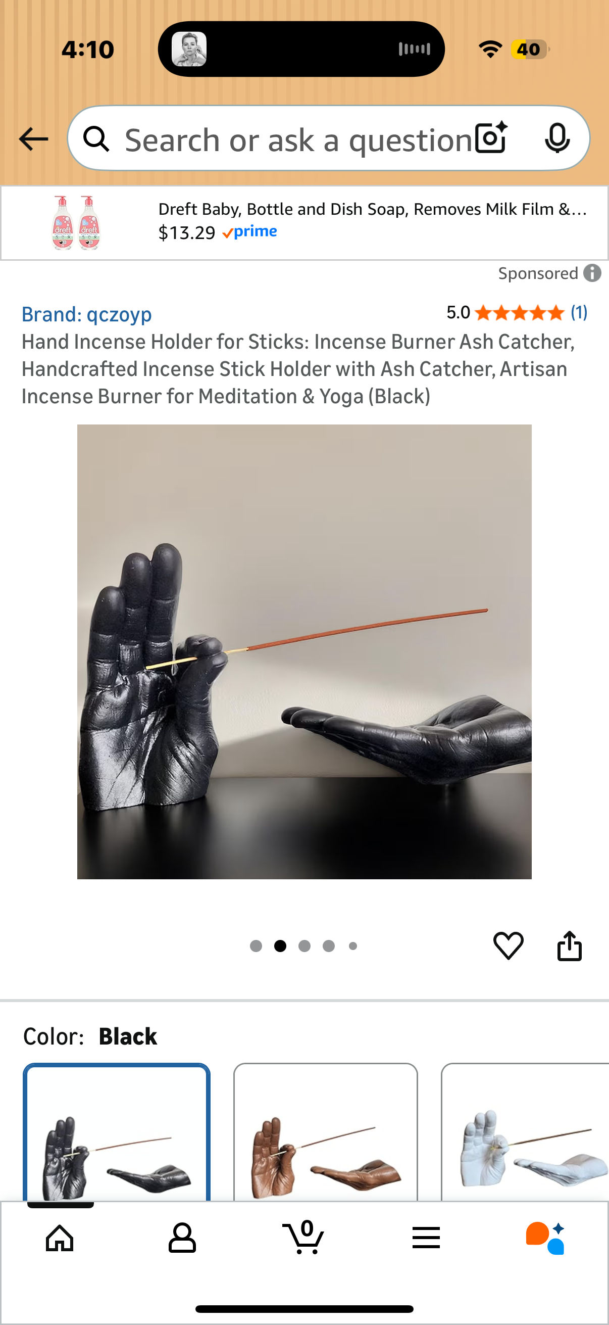 Hand Incense Holder for Sticks: Incense Burner Ash Catcher, Handcrafted Incense Stick Holder with Ash Catcher, Artisan Incense Burner for Meditation & Yoga (Black