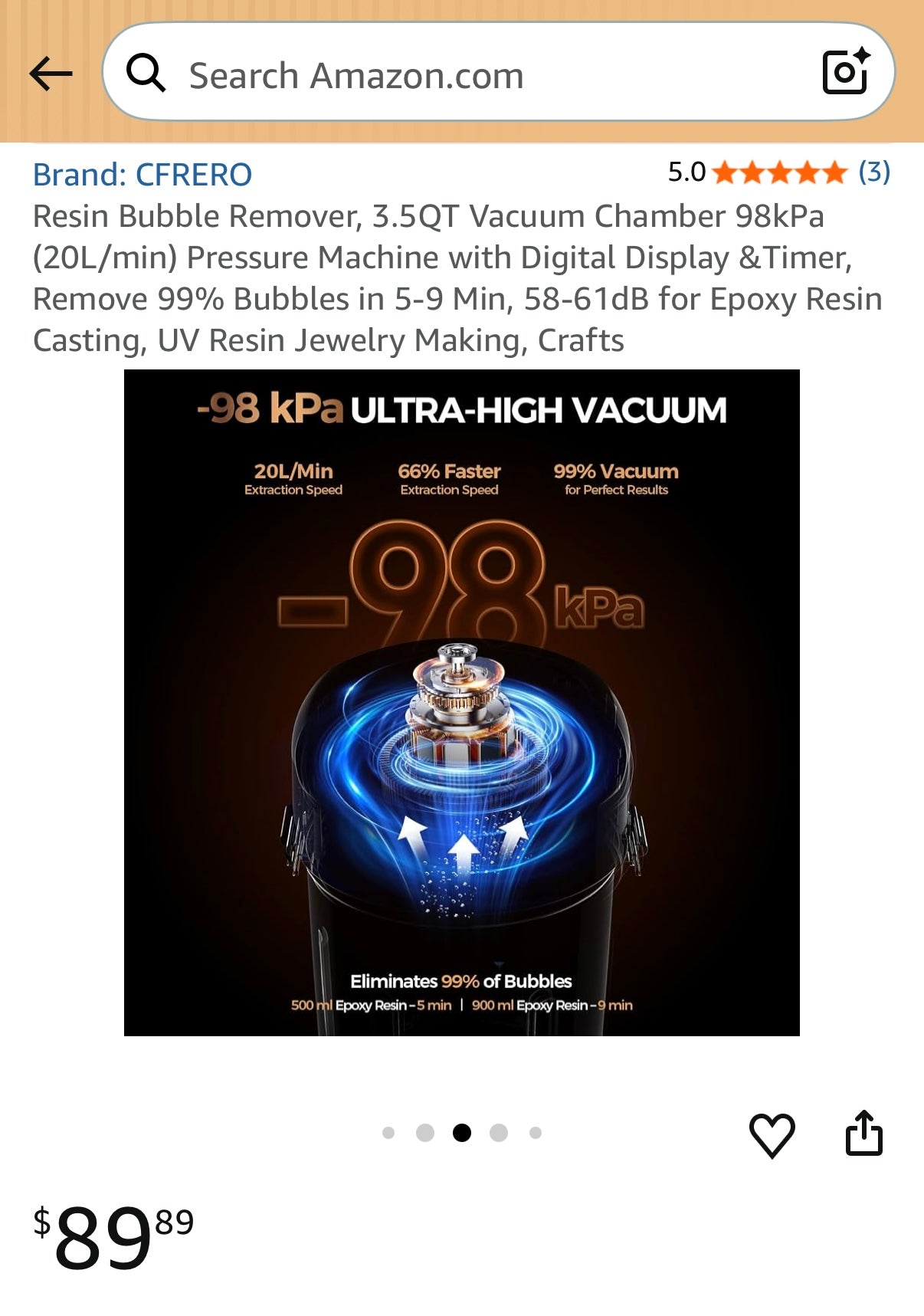 Resin Bubble Remover, 3.5QT Vacuum Chamber 98kPa (20L/min) Pressure Machine with Digital Display & Timer, Remove 99% Bubbles in 5-9 Min, 58-61dB for Epoxy Resin Casting, UV Resin Jewelry Making, Crafts
