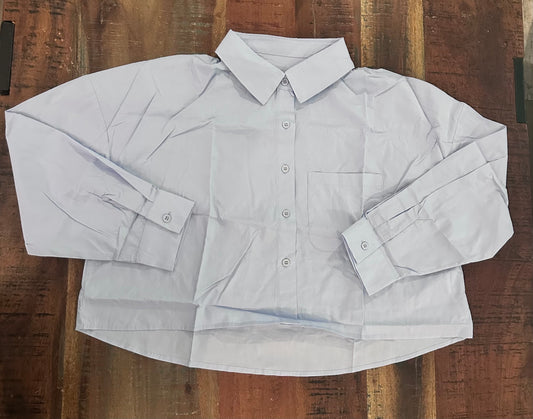 Women's Cropped Button Down 100% Cotton Oversized Long Sleeve Dressy Top, Sky Blue (Size S)