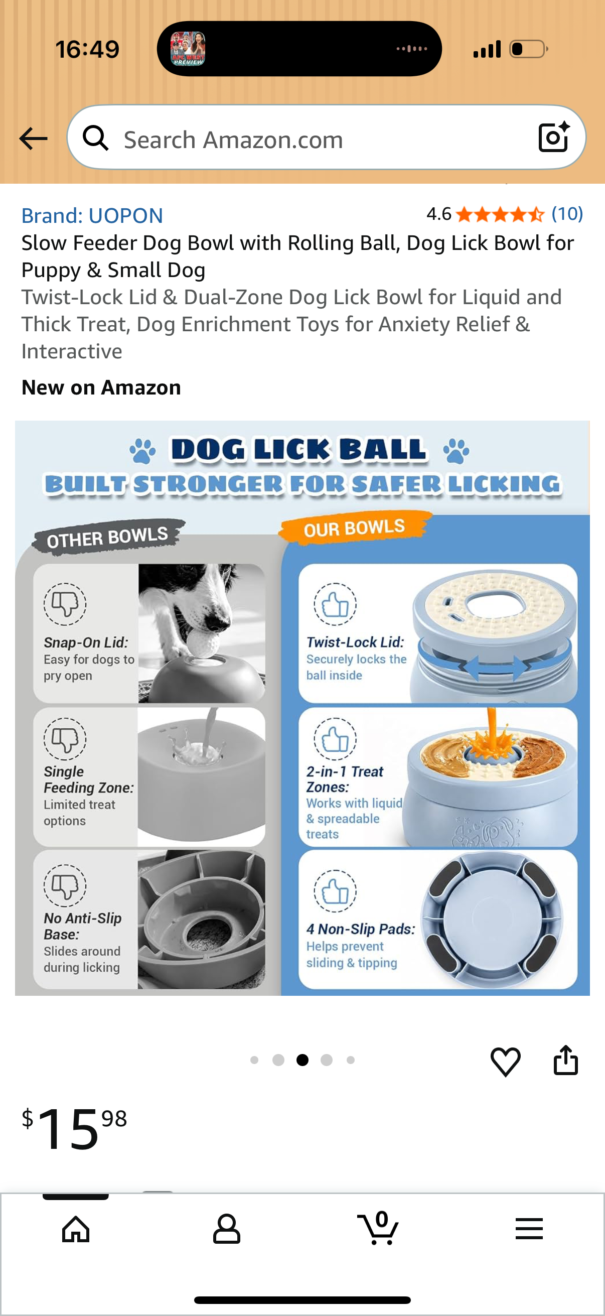 Slow Feeder Dog Bowl with Rolling Ball, Dog Lick Bowl for Puppy & Small Dog Twist-Lock Lid & Dual-Zone Dog Lick Bowl for Liquid and Thick Treat, Dog Enrichment Toys for Anxiety Relief & Interaction