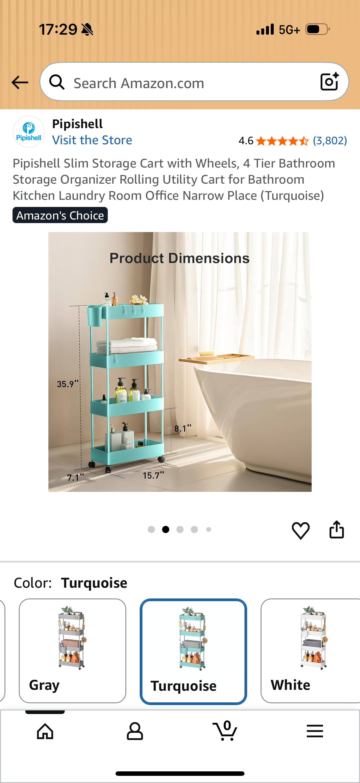 Pipishell Slim Storage Cart with Wheels, 4 Tier Bathroom Storage Organizer Rolling Utility Cart for Bathroom Kitchen Laundry Room Office Narrow Place (Turquoise)