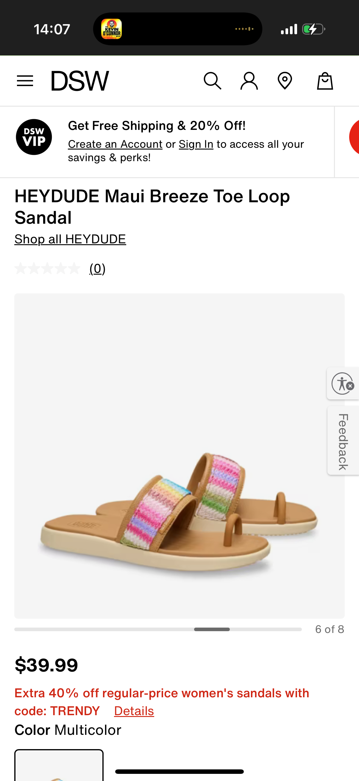 HEYDUDE Maui Breeze Toe Loop Sandal Size: US W8