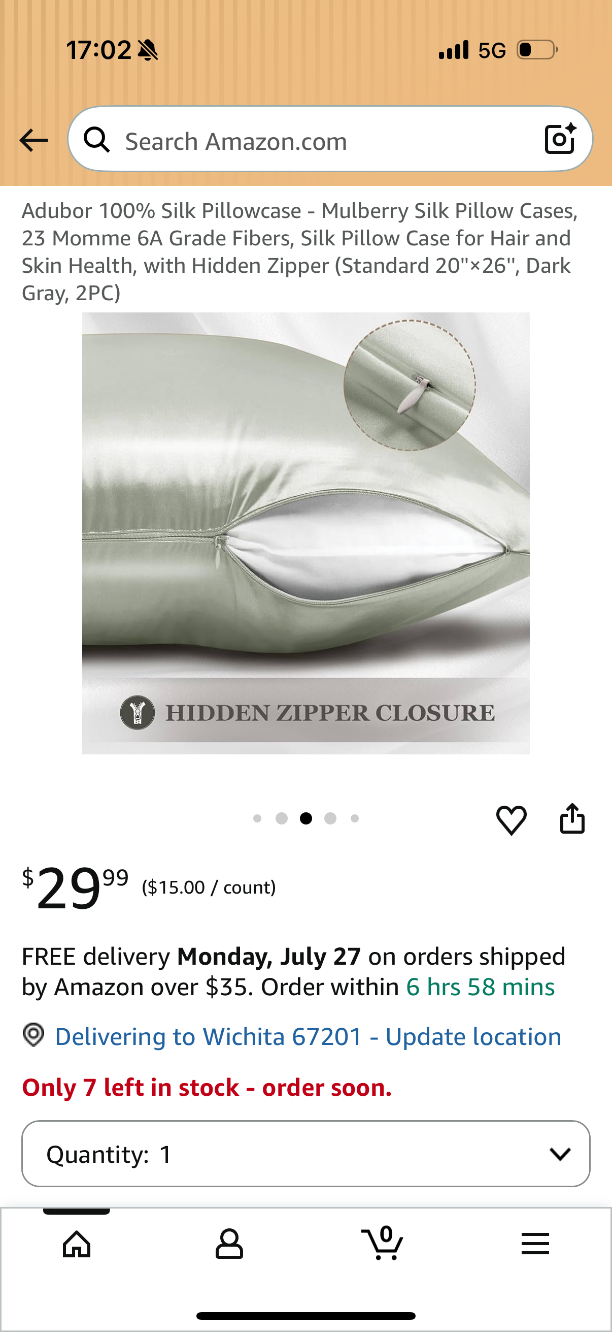 Adubor 100% Silk Pillowcase - Mulberry Silk Pillow Cases, 23 Momme 6A Grade Fibers, Silk Pillow Case for Hair and Skin Health, with Hidden Zipper (Standard 20''×26'', Dark Gray, 2PC)