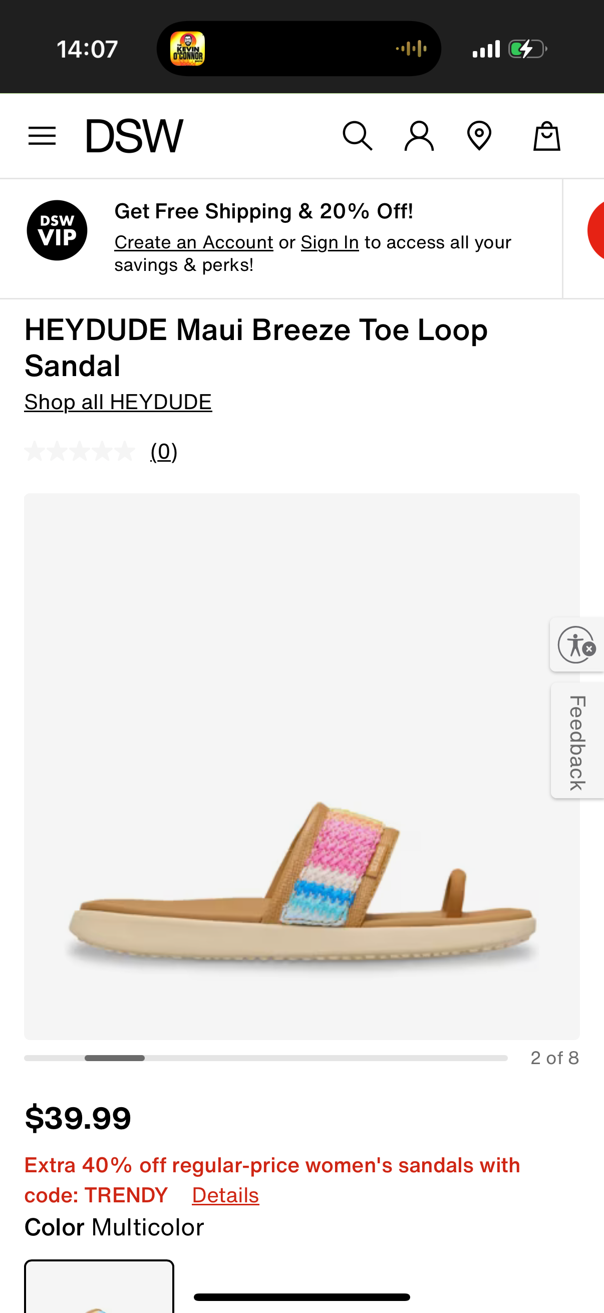 HEYDUDE Maui Breeze Toe Loop Sandal Size: US W8