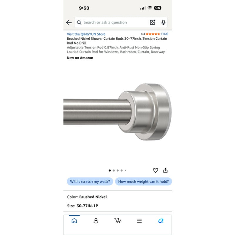 Brushed Nickel Shower Curtain Rods 30–77Inch, Tension Curtain Rod No Drill