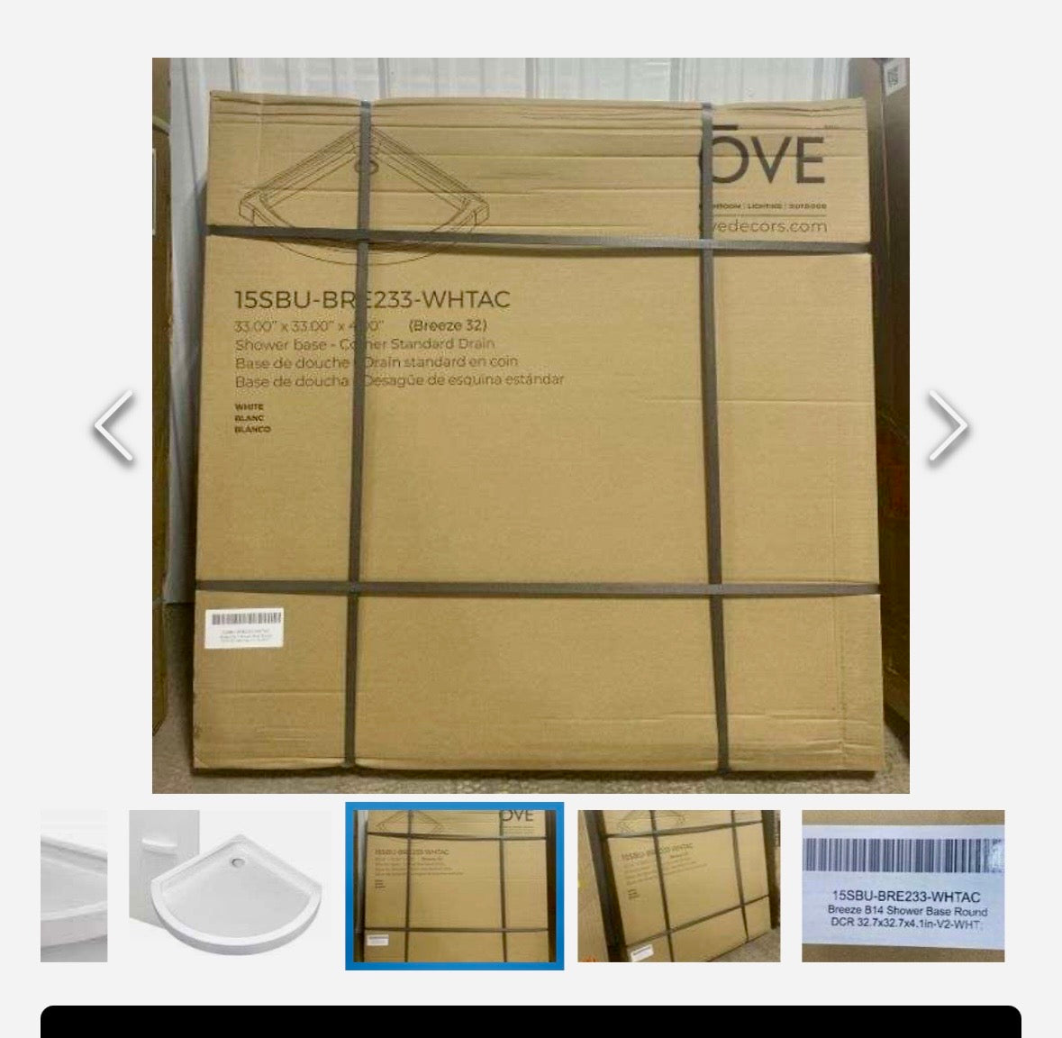 OVE 33”x33”x 4” Corner Shower Base with Standard Drain 15SBU -BEE233-WHTAC (B1214)