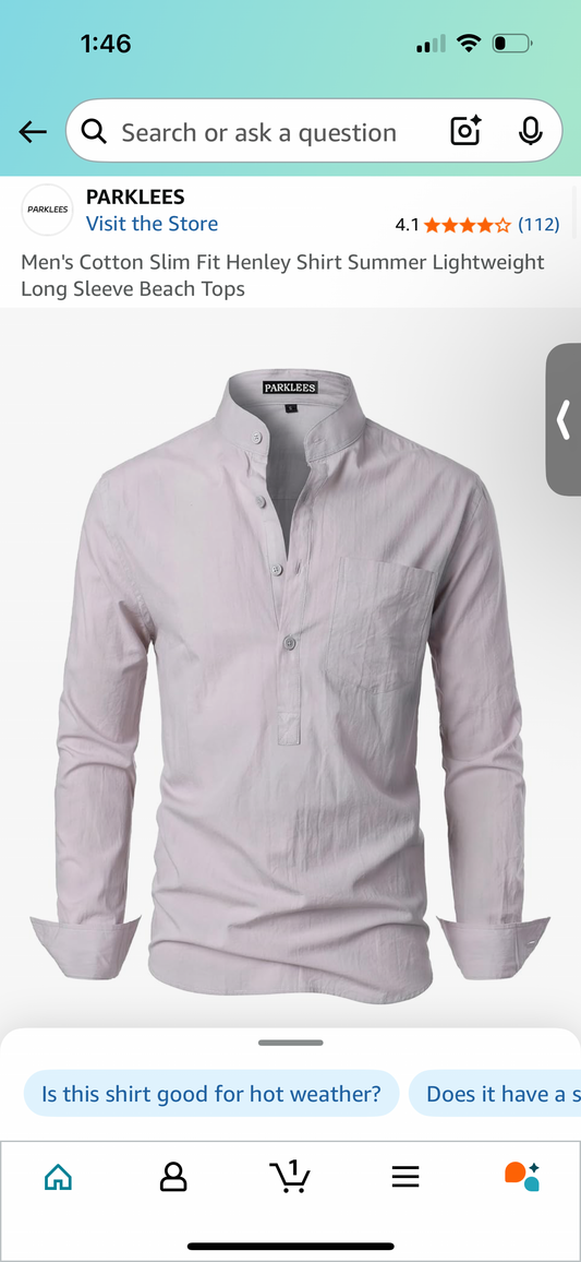 Men's Cotton Slim Fit Shirt, Summer Lightweight Long Sleeve Top (Size XXL)