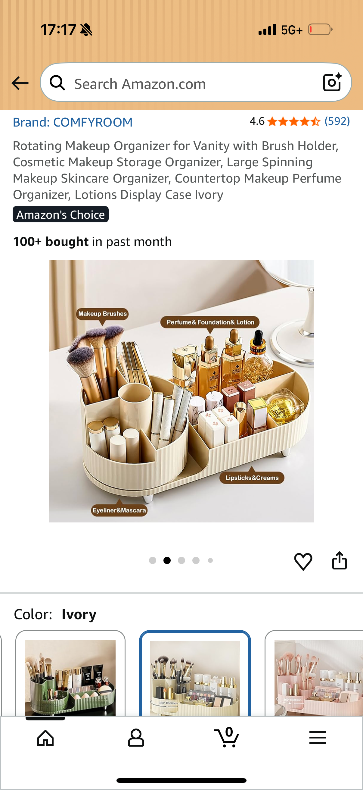 Rotating Makeup Organizer for Vanity with Brush Holder, Cosmetic Makeup Storage Organizer, Large Spinning Makeup Skincare Organizer, Countertop Makeup Perfume Organizer, Lotions Display Case Ivory