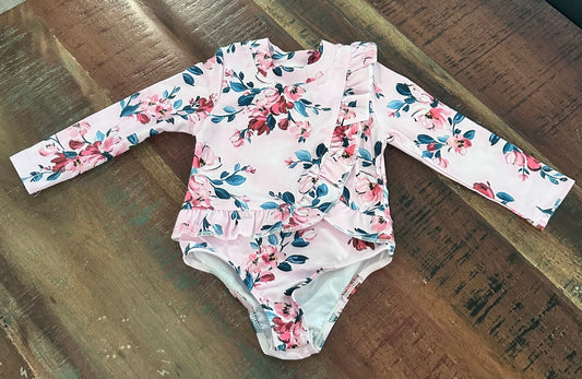 Toddlers Swim Outfit, Floral Summer Long Sleeve With Snaps (Size 6-12Months)
