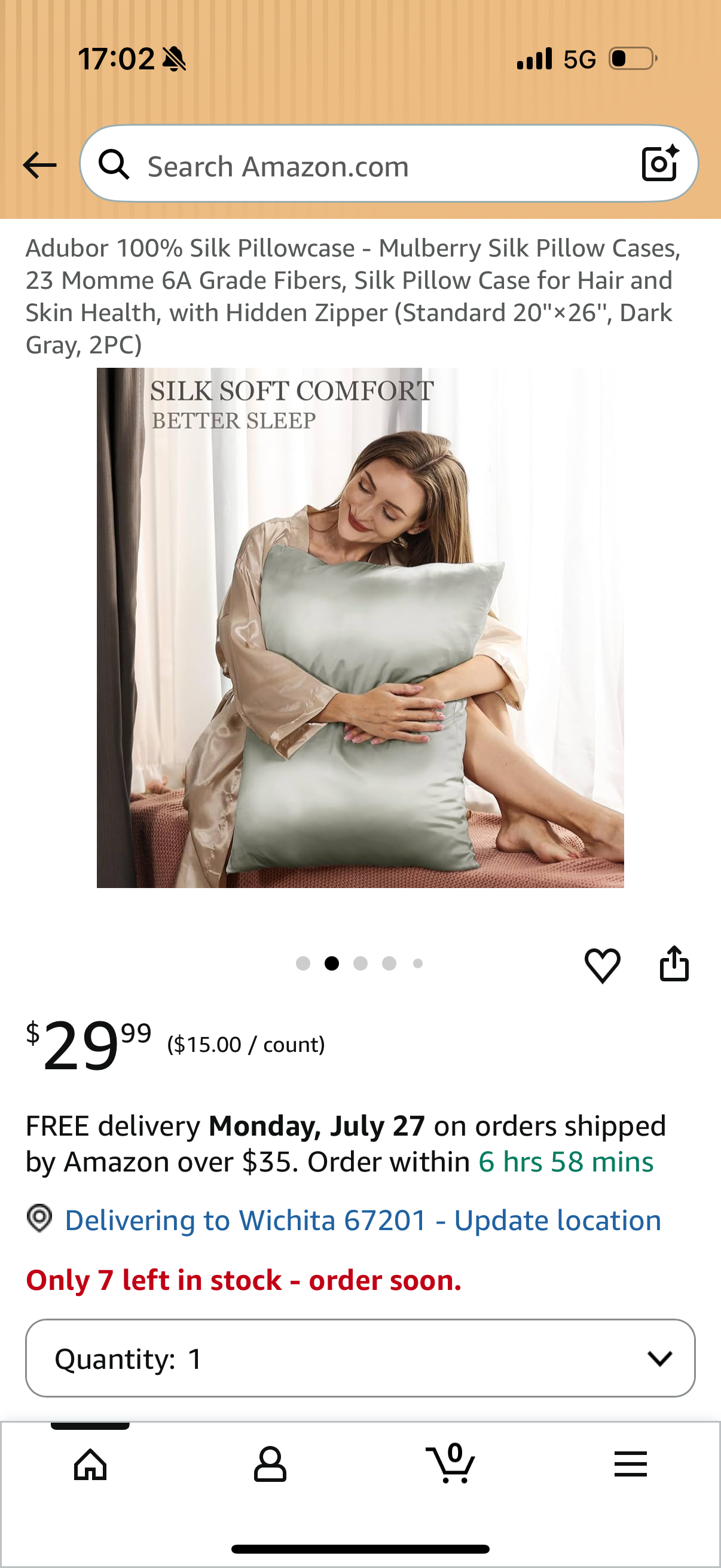 Adubor 100% Silk Pillowcase - Mulberry Silk Pillow Cases, 23 Momme 6A Grade Fibers, Silk Pillow Case for Hair and Skin Health, with Hidden Zipper (Standard 20''×26'', Dark Gray, 2PC)