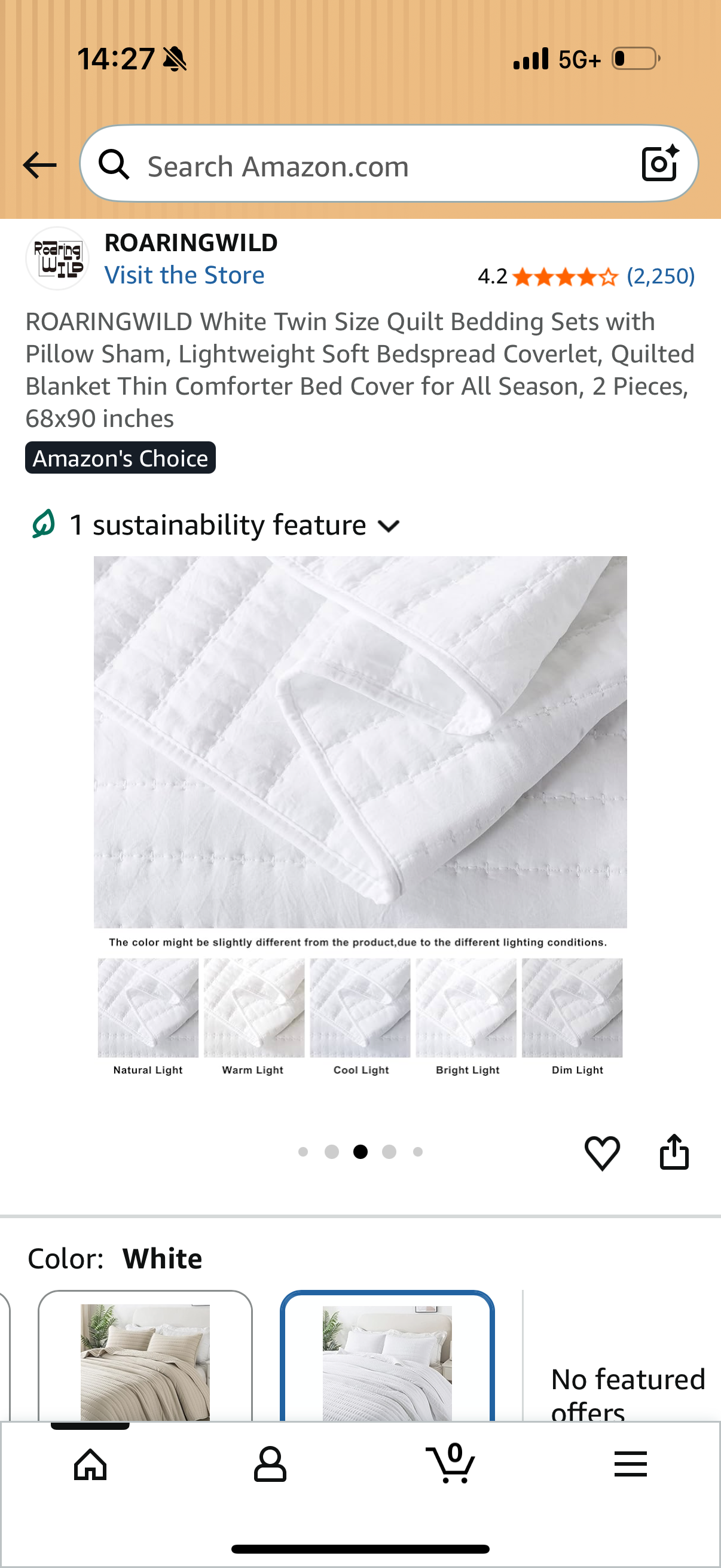 ROARINGWILD White Twin Size Quilt Bedding Sets with Pillow Sham, Lightweight Soft Bedspread Coverlet, Quilted Blanket Thin Comforter Bed Cover for All Season, 2 Pieces, 68x90 inches