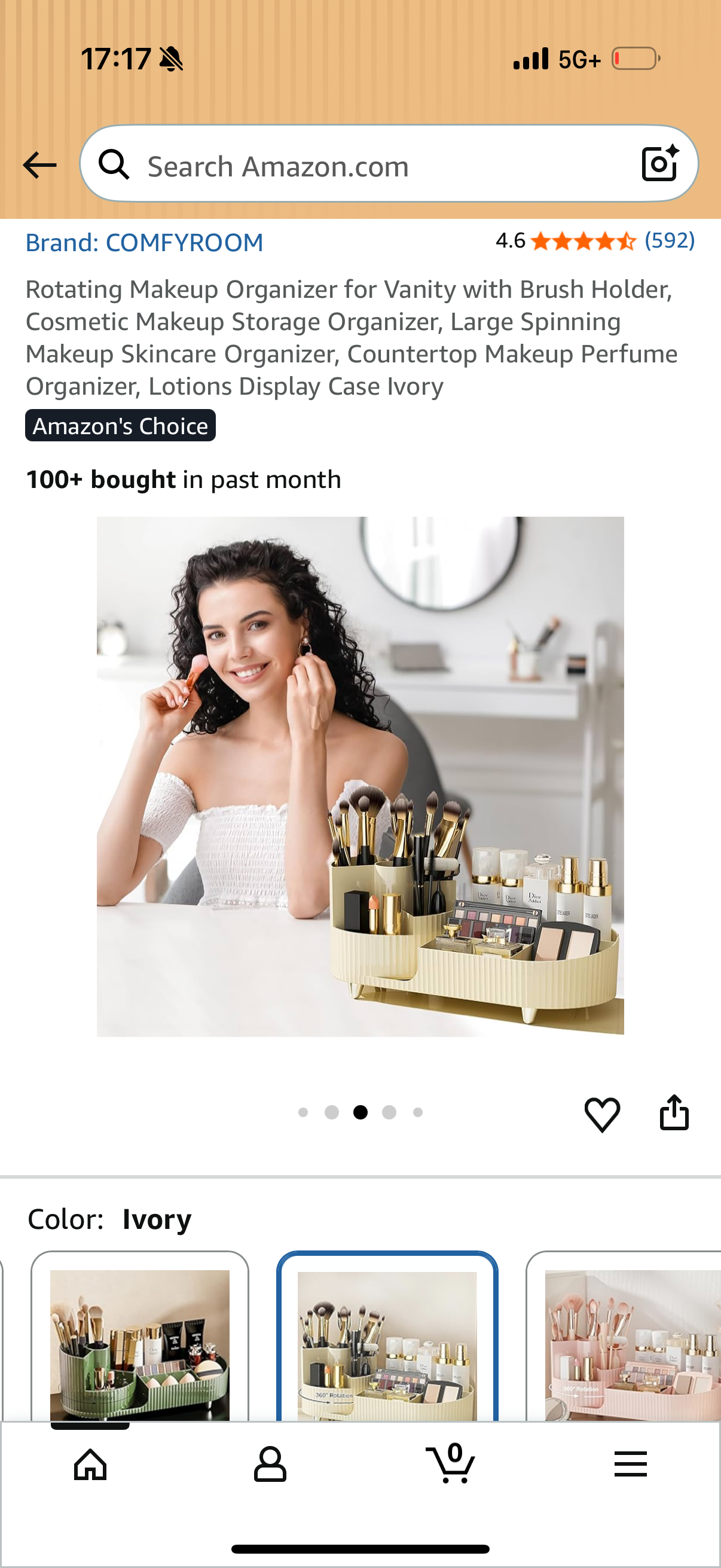 Rotating Makeup Organizer for Vanity with Brush Holder, Cosmetic Makeup Storage Organizer, Large Spinning Makeup Skincare Organizer, Countertop Makeup Perfume Organizer, Lotions Display Case Ivory