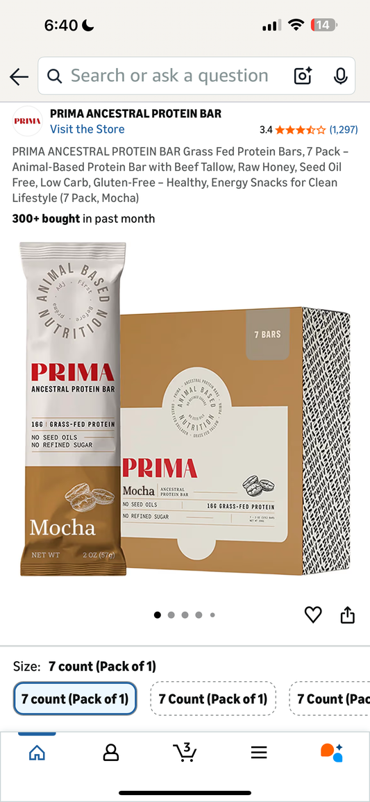 PRIMA ANCESTRAL PROTEIN BAR Grass Fed Protein Bars, 7 Pack – Animal-Based Protein Bar with Beef Tallow, Raw Honey, Seed Oil Free, Low Carb, Gluten-Free – Healthy, Energy Snacks for Clean Lifestyle (7 Pack, Mocha)