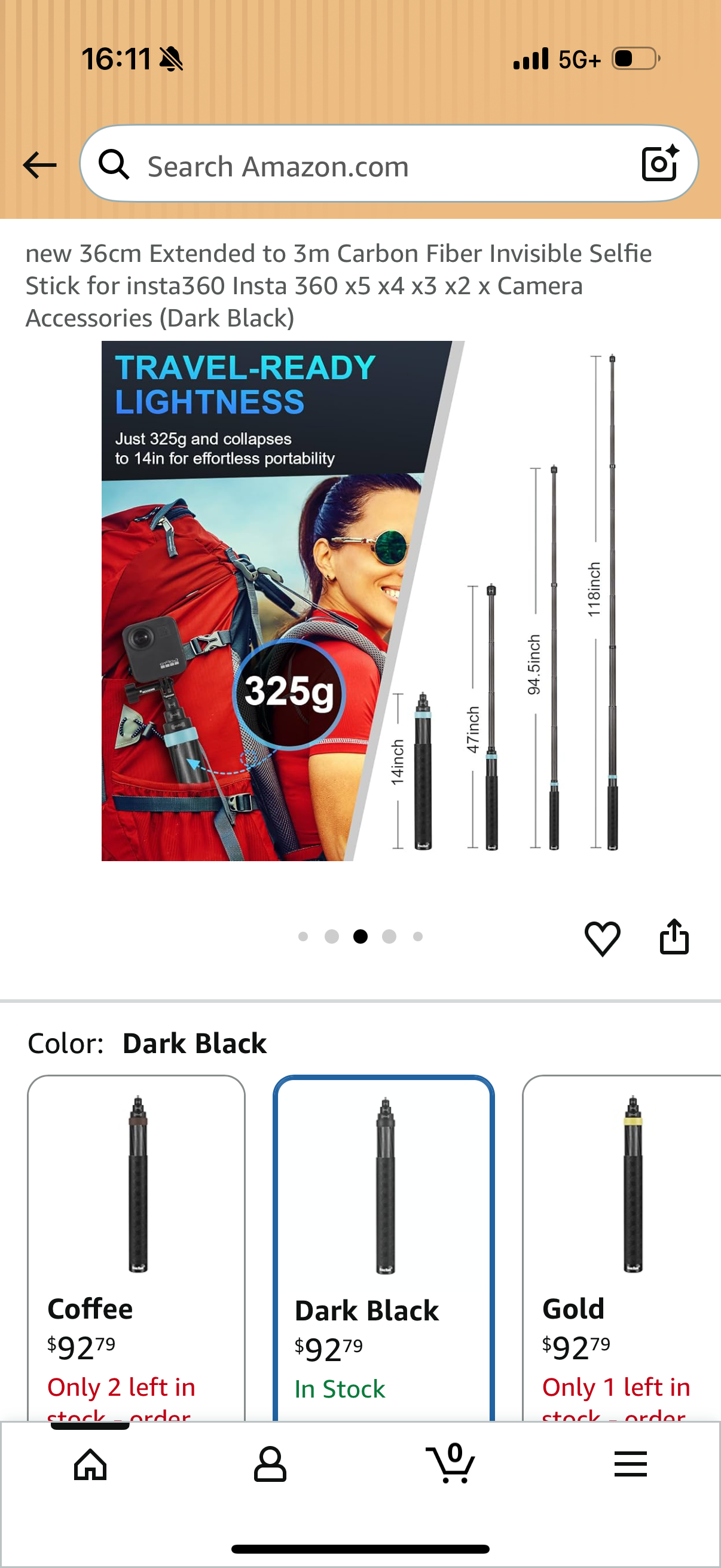 36cm Extended to 3m Carbon Fiber Invisible Selfie Stick for insta360 Insta 360 x5 x4 x3 x2 x Camera Accessories (Dark Black)
