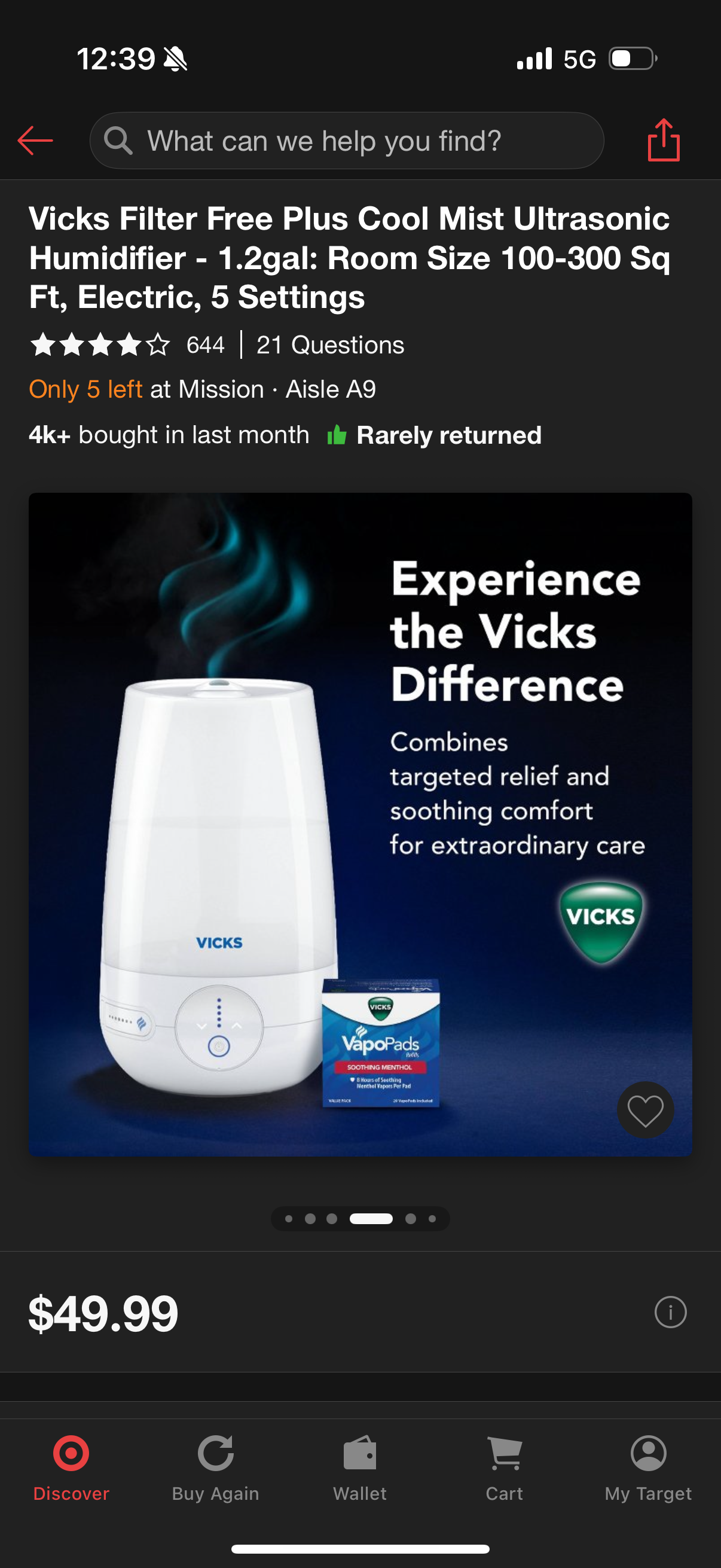 Vicks Filter Free Plus Cool Mist Ultrasonic Humidifier - 1.2gal: Room Size 100-300 Sq Ft, Electric, 5 Settings