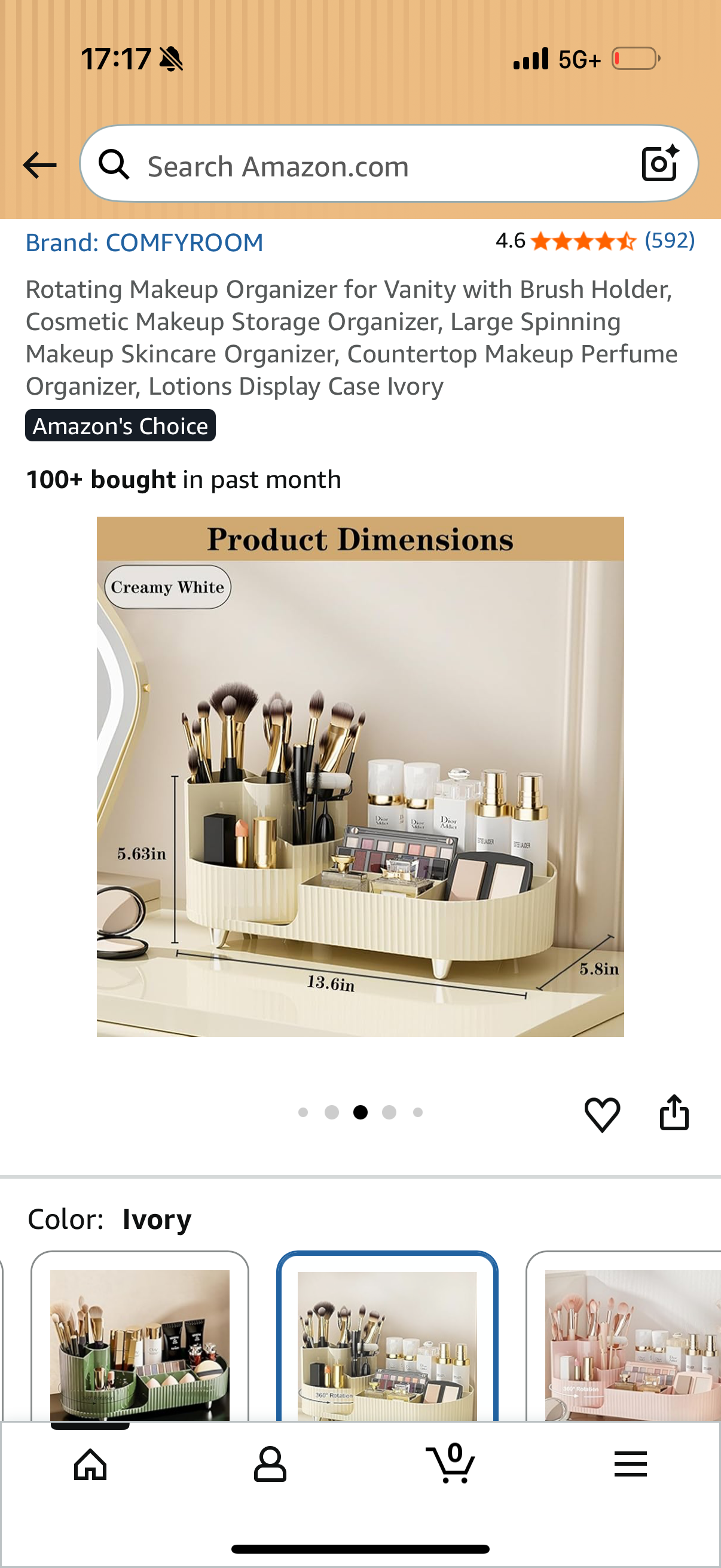 Rotating Makeup Organizer for Vanity with Brush Holder, Cosmetic Makeup Storage Organizer, Large Spinning Makeup Skincare Organizer, Countertop Makeup Perfume Organizer, Lotions Display Case Ivory