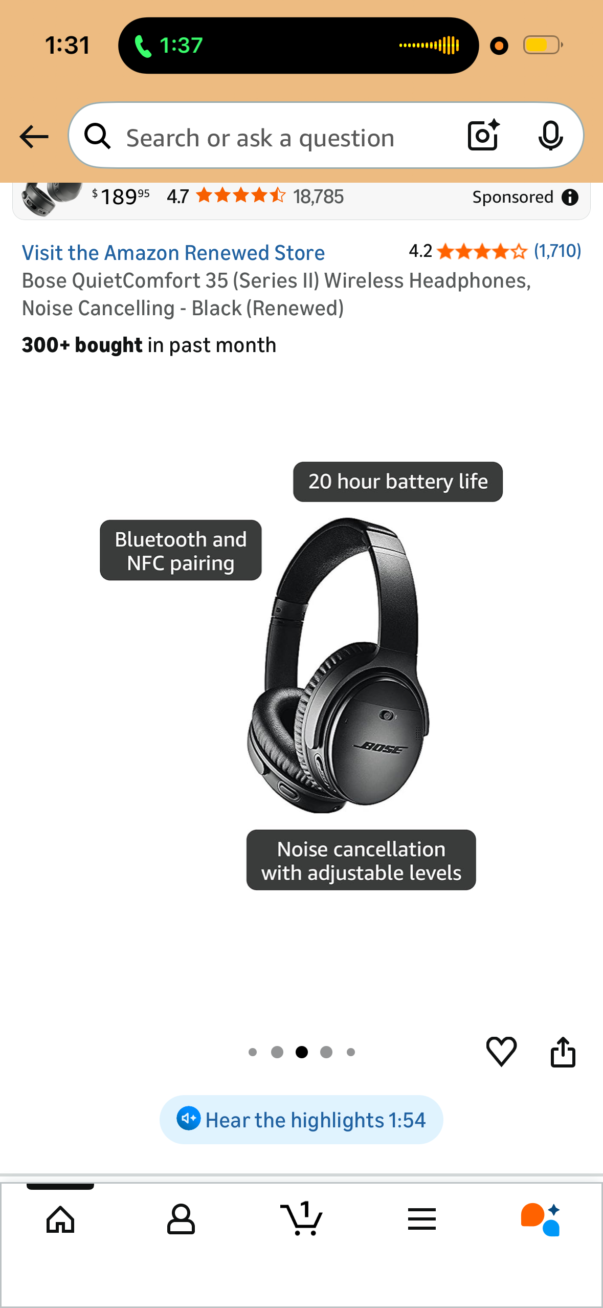 Bose QuietComfort 35 (Series II) Wireless Headphones, Noise Cancelling - Black