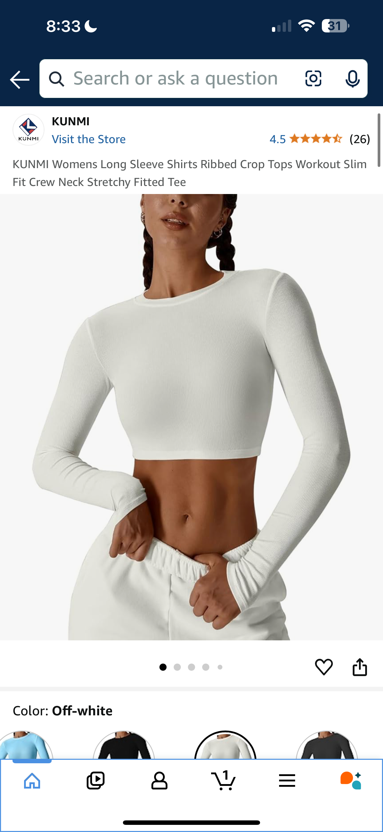 KUNMI Womens Long Sleeve Shirts Ribbed Crop Tops Workout Slim Fit Crew Neck Stretchy Fitted Tee (Sizes Small & Medium Available)