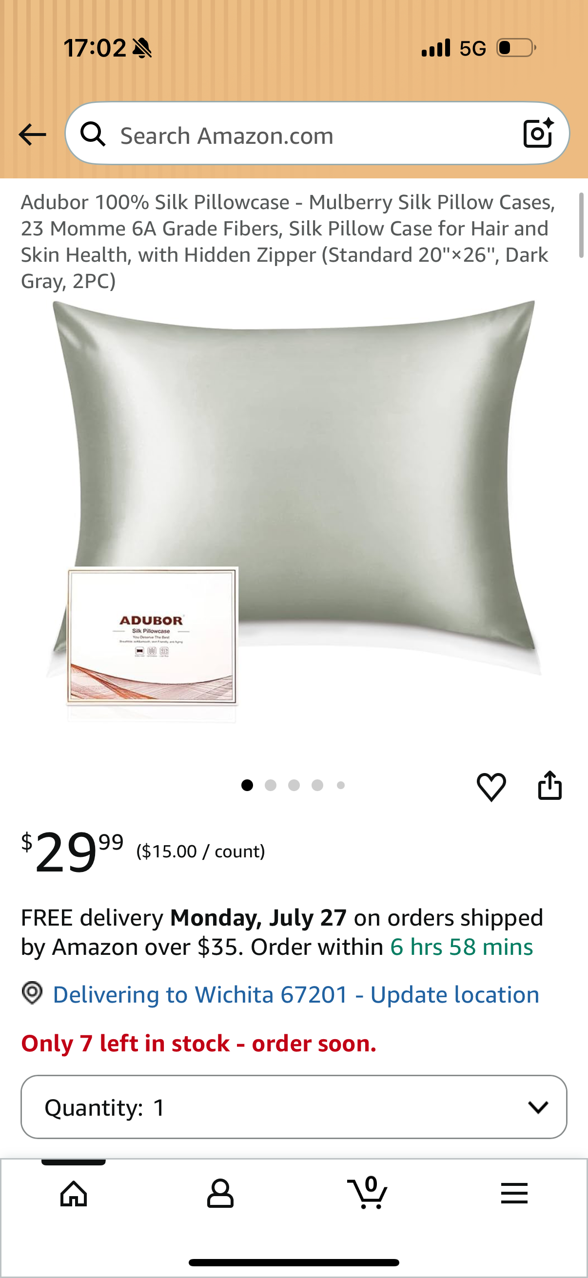 Adubor 100% Silk Pillowcase - Mulberry Silk Pillow Cases, 23 Momme 6A Grade Fibers, Silk Pillow Case for Hair and Skin Health, with Hidden Zipper (Standard 20''×26'', Dark Gray, 2PC)
