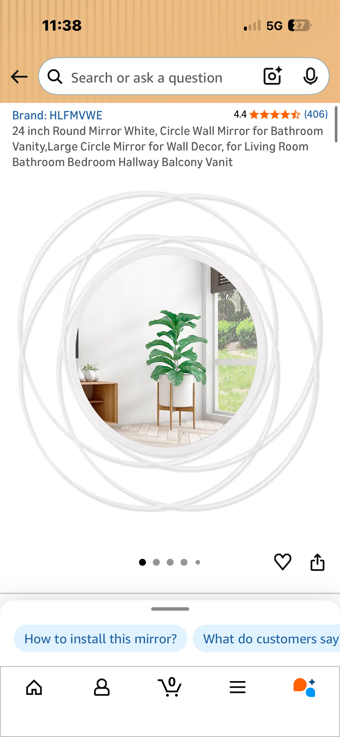 24” Round Mirror, White Circular Wall Mirror for Bathroom, Vanity, Living Room, Bathroom, Bedroom, Hallway Decor 
(M497)
