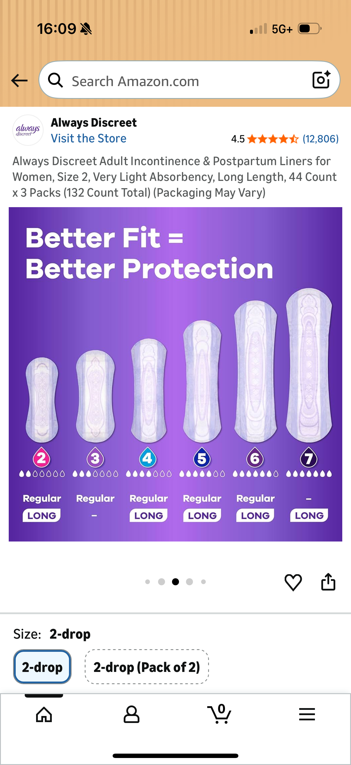 Always Discreet Adult Incontinence & Postpartum Liners for Women, Size 2, Very Light Absorbency, Long Length, 44 Count x 3 Packs (132 Count Total)