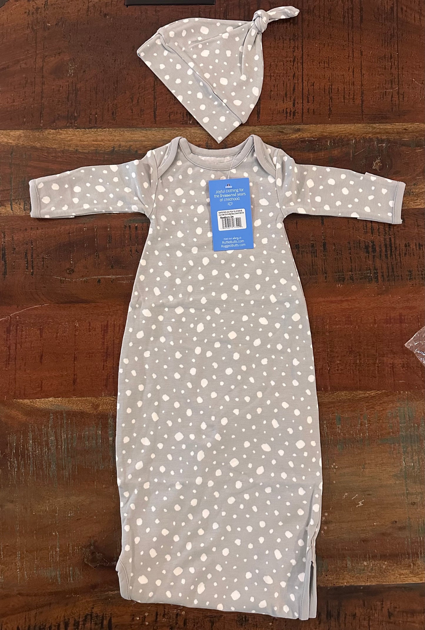 RuffleButts Dots Blue & White Micro Stripe Knotted Sleep Gown & Hat Set - Newborn-3m