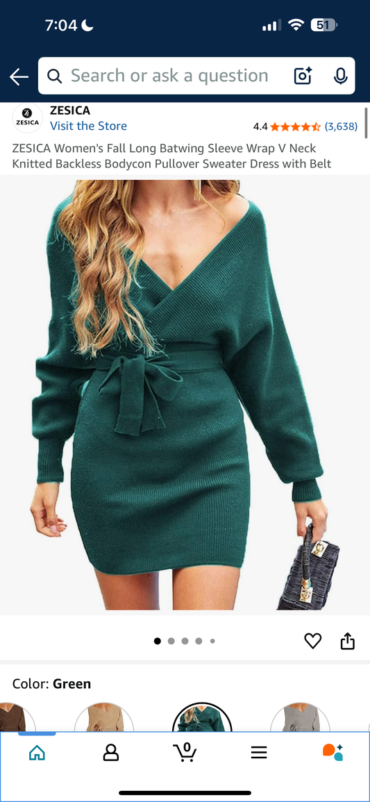 ZESICA Women's Fall Long Batwing Sleeve Wrap V Neck Knitted Backless Bodycon Pullover Sweater Dress with Belt (Medium)