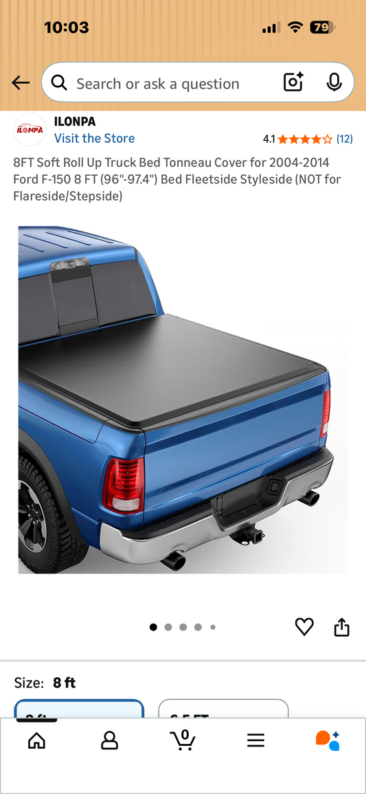 8FT Soft Roll Up Truck Bed Tonneau Cover for 2004-2014 Ford F-150   8 FT (96"-97.4") Bed Fleetside Styleside, (NOT for Flareside/Stepside) (G1048)