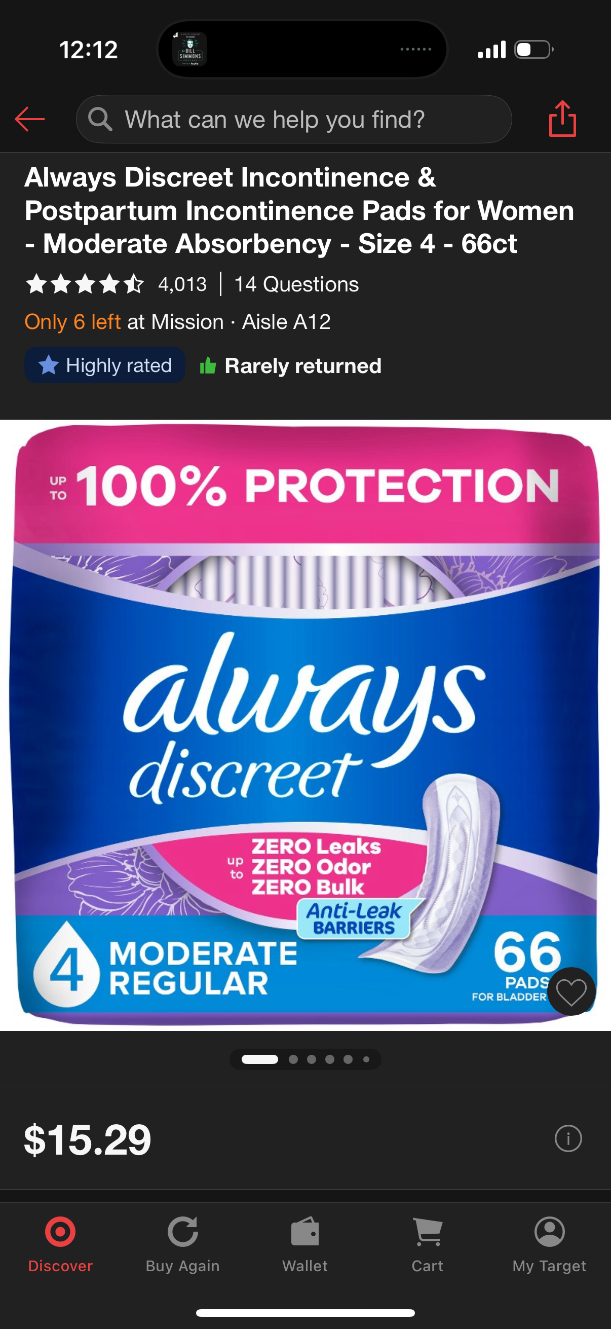 Always Discreet Incontinence & Postpartum Incontinence Pads for Women - Moderate Absorbency - Size 4 - 66ct