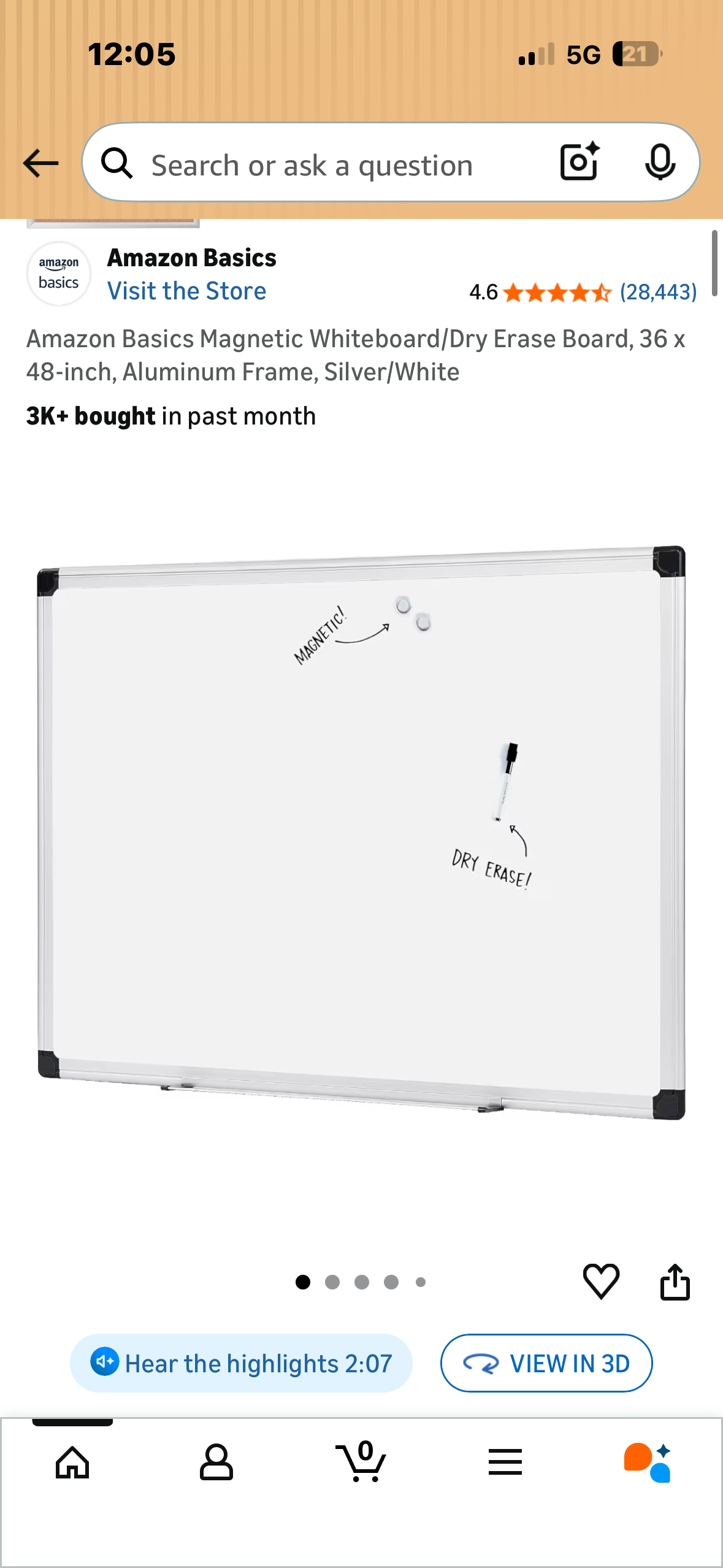 Amazon Basics Magnetic Whiteboard/Dry Erase Board, 36 x 48-inch, Aluminum Frame, Silver/White (O504)