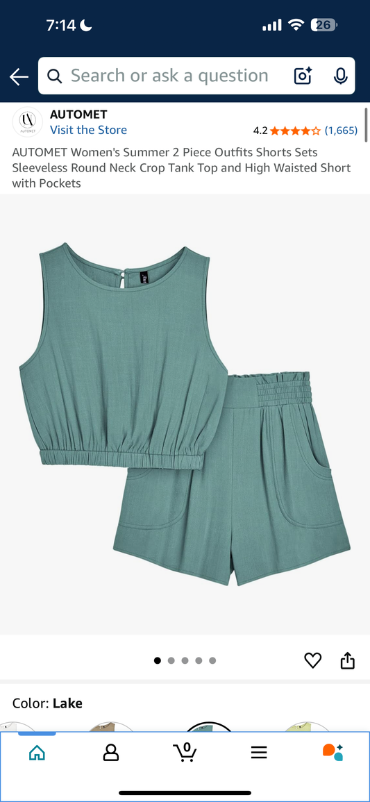 AUTOMET Women's Summer 2 Piece Outfits Shorts Sets Sleeveless Round Neck Crop Tank Top and High Waisted Short with Pockets (Dark Green, Size XL)