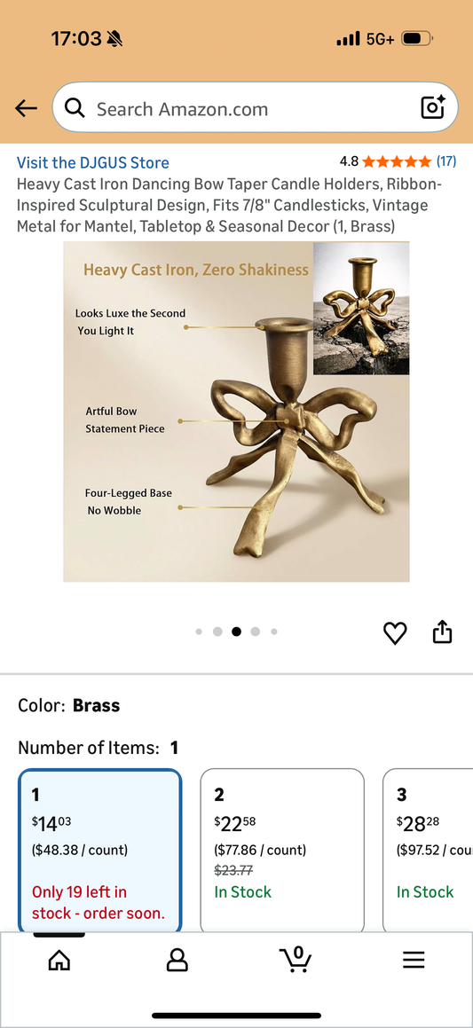Heavy Cast Iron Dancing Bow Taper Candle Holders, Ribbon-Inspired Sculptural Design, Fits 7/8' Candlesticks, Vintage Metal for Mantel, Tabletop & Seasonal Decor (1, Brass)