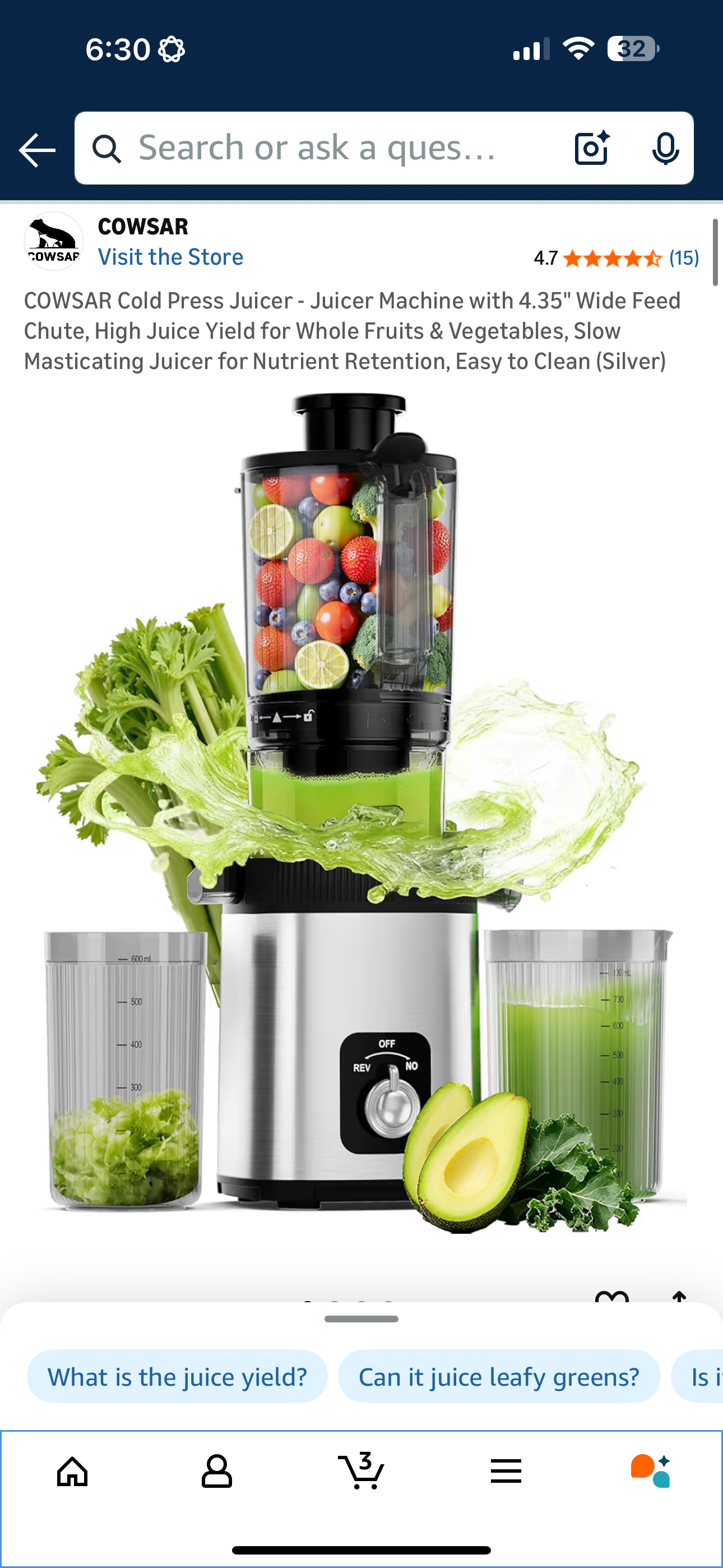 COWSAR Cold Press Juicer - Juicer Machine with 4.35" Wide Feed Chute, High Juice Yield for Whole Fruits & Vegetables, Slow Masticating Juicer for Nutrient Retention, Easy to Clean (Silver)