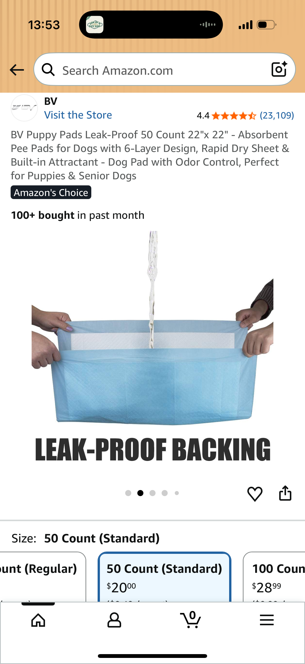 BV Puppy Pads Leak-Proof 50 Count 22"x 22" - Absorbent Pee Pads for Dogs with 6-Layer Design, Rapid Dry Sheet & Built-in Attractant - Dog Pad with Odor Control, Perfect for Puppies & Senior Dogs