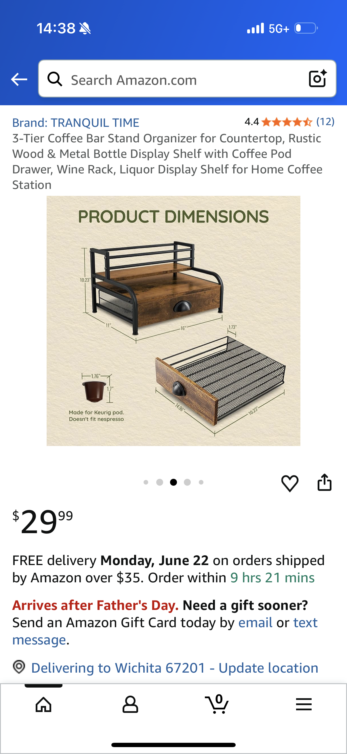 3-Tier Coffee Bar Stand Organizer for Countertop, Rustic Wood & Metal Bottle Display Shelf with Coffee Pod Drawer, Wine Rack, Liquor Display Shelf for Home Coffee Station
