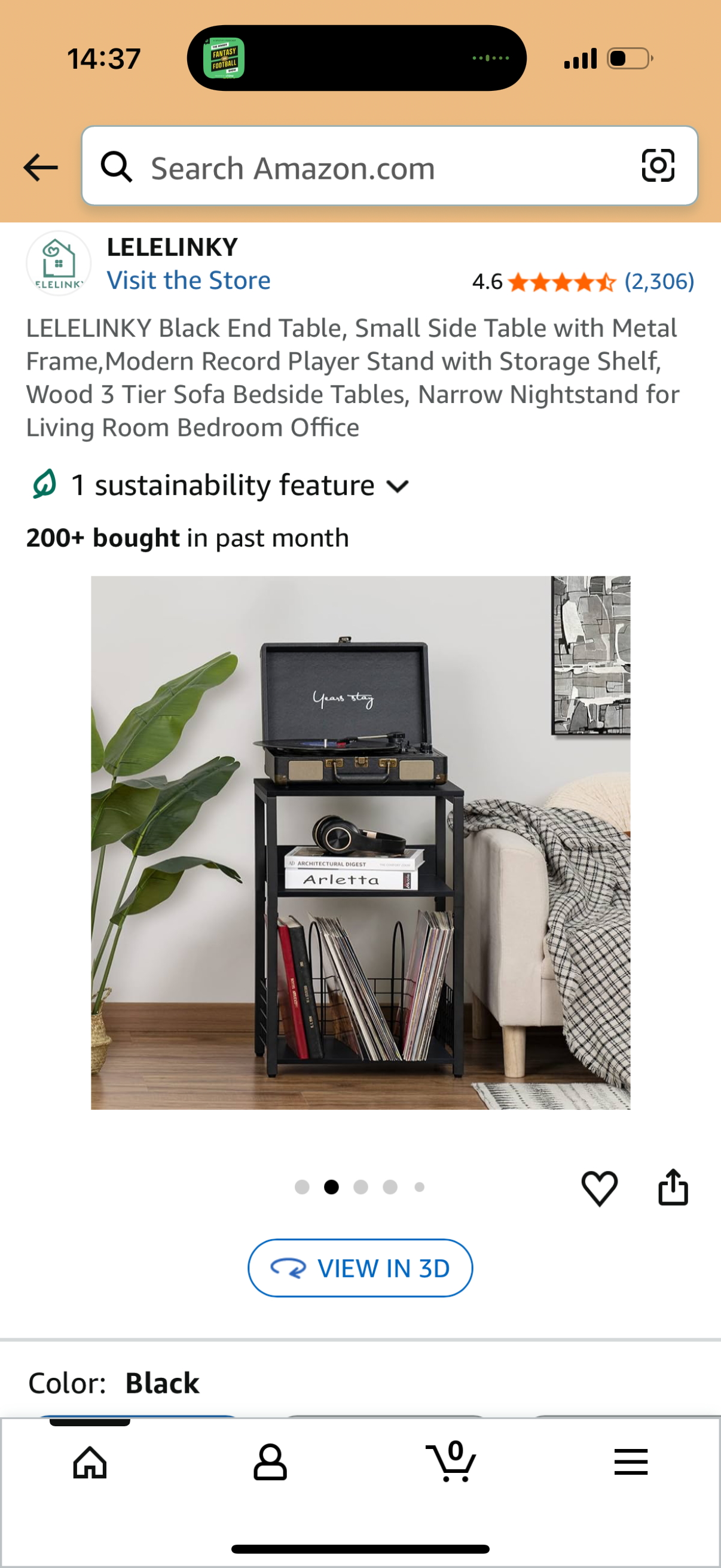 Black End Table, Small Side Table with Metal Frame,Modern Record Player Stand with Storage Shelf, Wood 3 Tier Sofa Bedside Tables, Narrow Nightstand for Living Room Bedroom Office