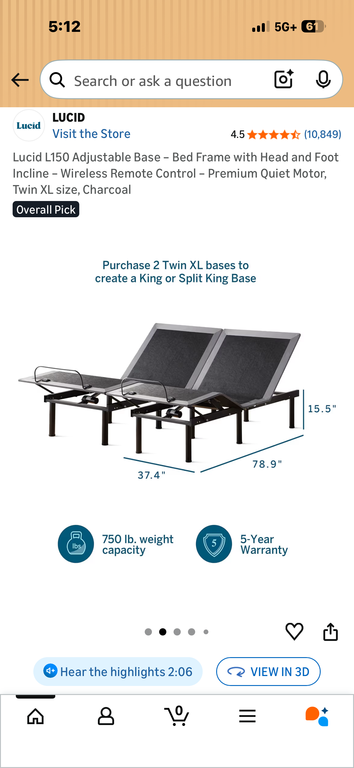 Lucid L150 Adjustable Base - Bed Frame with Head and Foot Incline - Wireless Remote Control - Premium Quiet Motor, Twin XL size, Charcoal (B1231)
