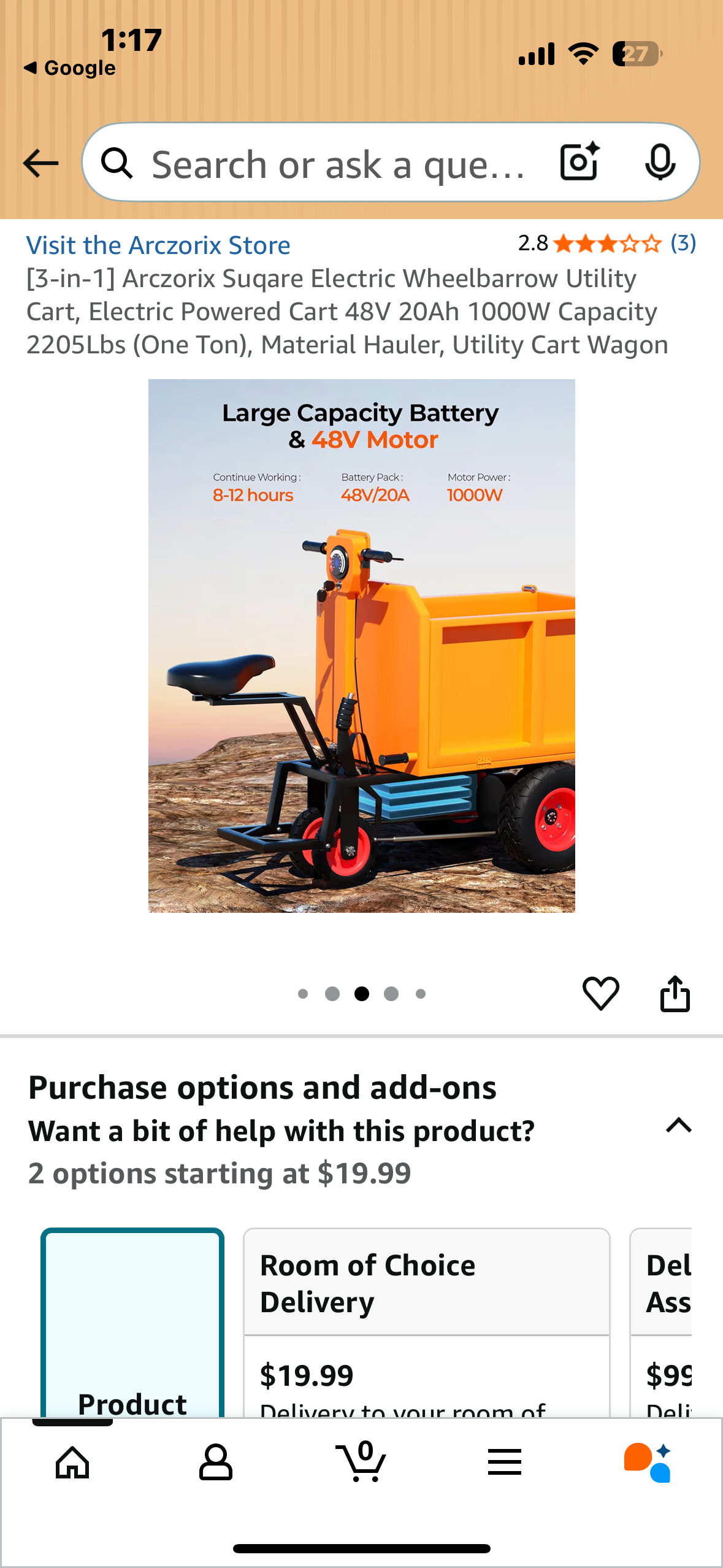 Arczorix [3-in-1] Electric Wheelbarrow Utility Cart, Electric Powered Cart 48V 20Ah 1000W Capacity 2205Lbs (One Ton), Material Hauler, Utility Cart Wagon (G876)