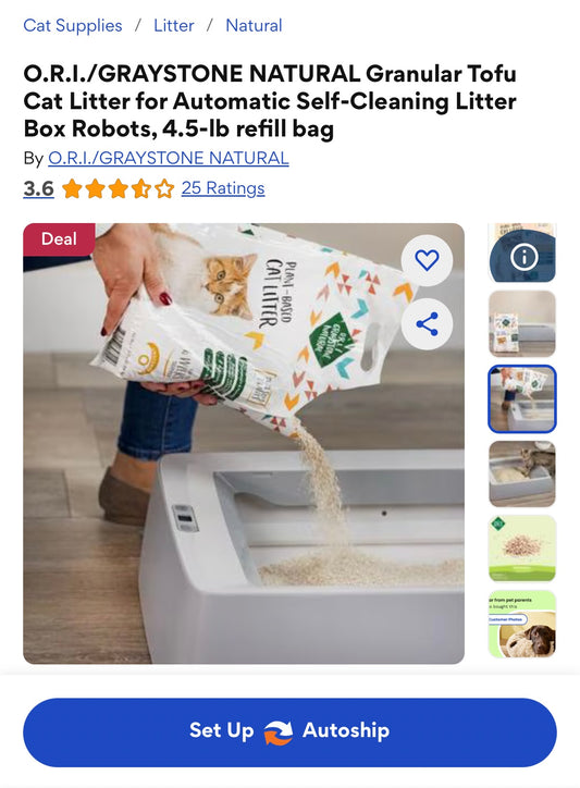 O.R.I./GRAYSTONE NATURAL Granular Tofu Cat Litter for Automatic Self-Cleaning Litter Box Robots, 4.5-lb refill bag