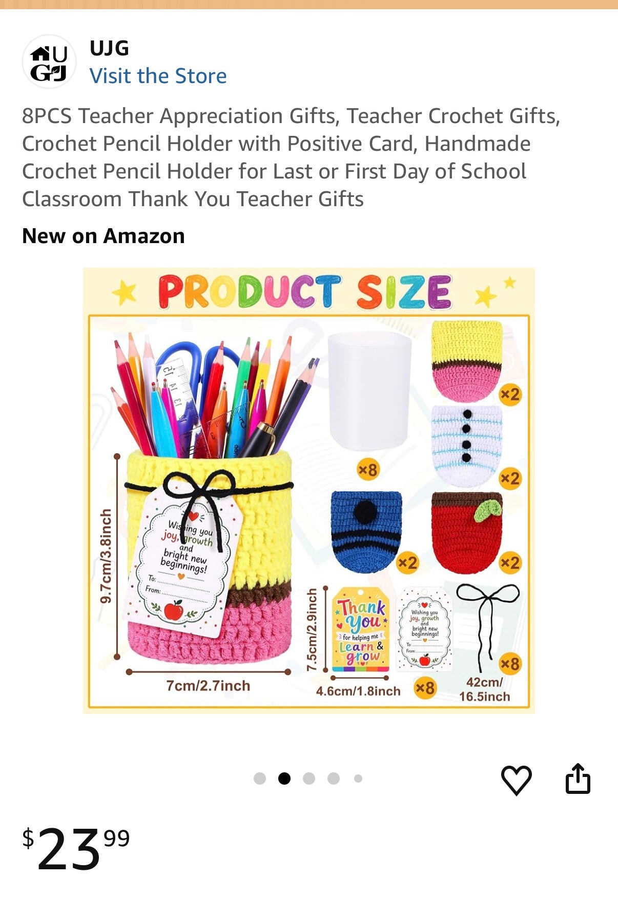 8PCS Teacher Appreciation Gifts, Teacher Crochet Gifts, Crochet Pencil Holder with Positive Card, Handmade Crochet Pencil Holder for Last or First Day of School Classroom Thank You Teacher Gifts