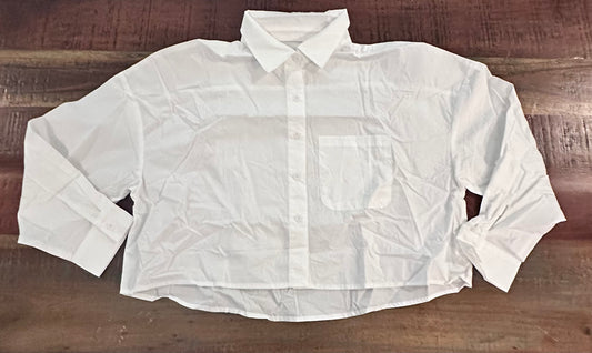 Women's Cropped Button Down 100% Cotton Oversized Long Sleeve Dressy Top, White (Size S)